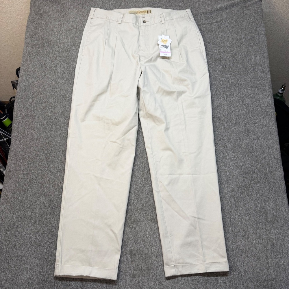 Cabelas Casuals Mens 38x32 Pleated Chino Pants British Tan Wrinkle Free Cuffed